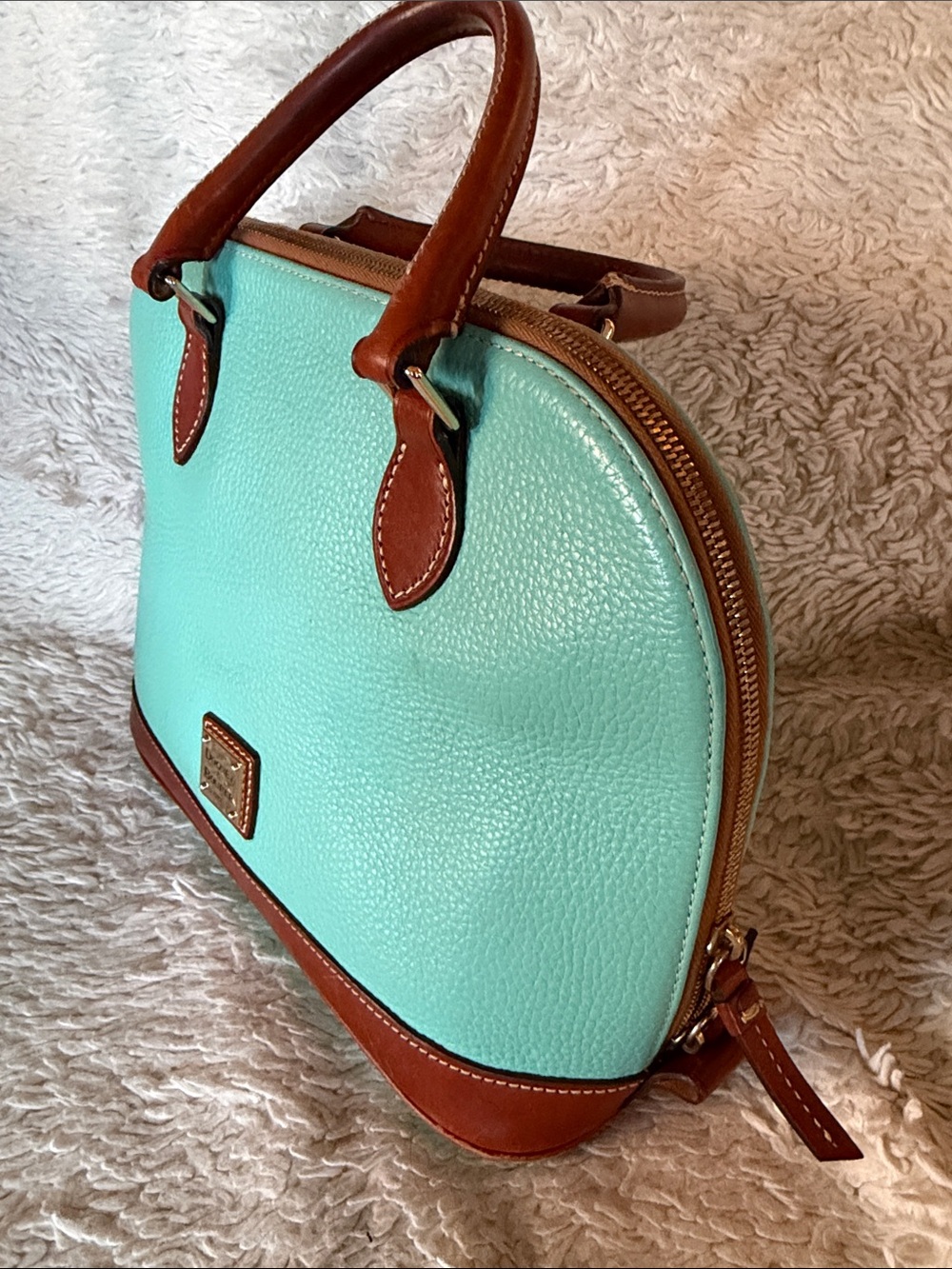 Dooney & Bourke Aqua Pebble Leather Satchel with Brown Trim and Handles - Picture 4 of 13
